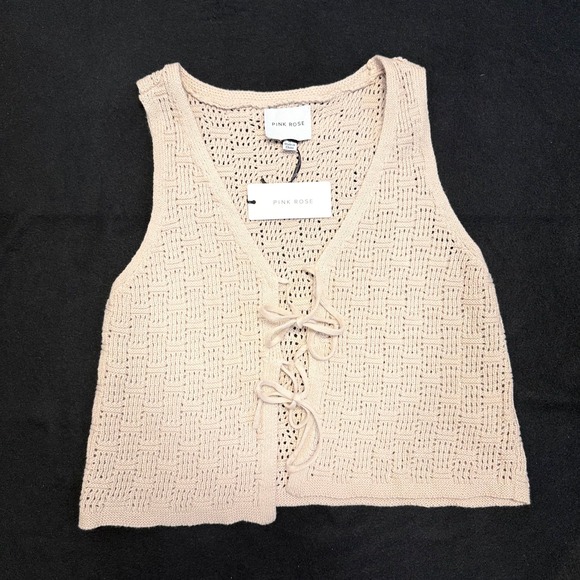 Pink Rose Knit Cropped Tank Top Sleeveless Beige Open Weave Medium Casual - Picture 1 of 4